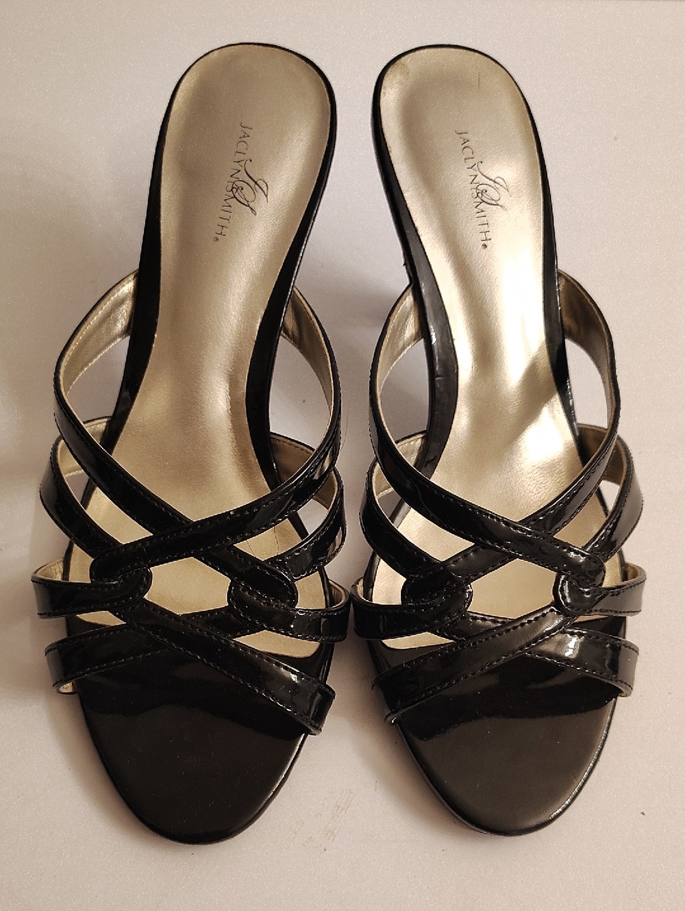 Jaclyn Smith Size 7 Black Patent Multi-Strap Slide Heels Sandals GY2D X